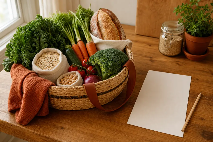 Bolsa de compras con vegetales e ingredientes frescos