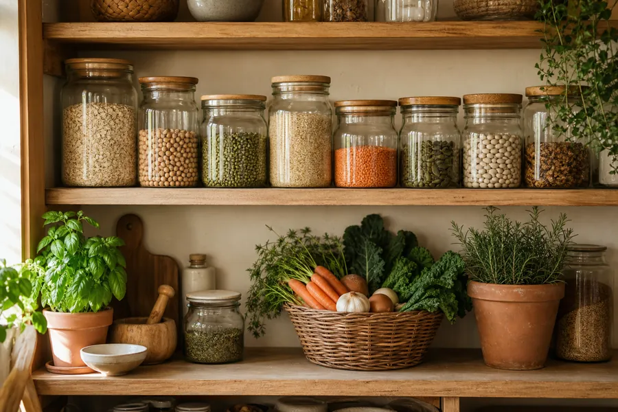 Despensa doméstica ordenada con ingredientes variados