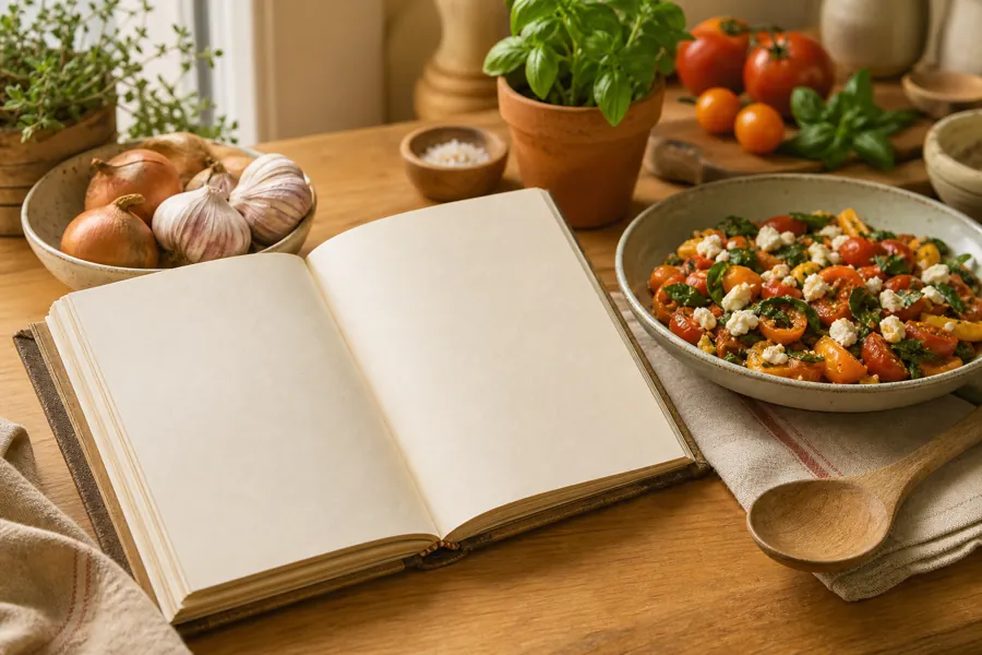 Recetas caseras organizadas sobre una mesa de cocina
